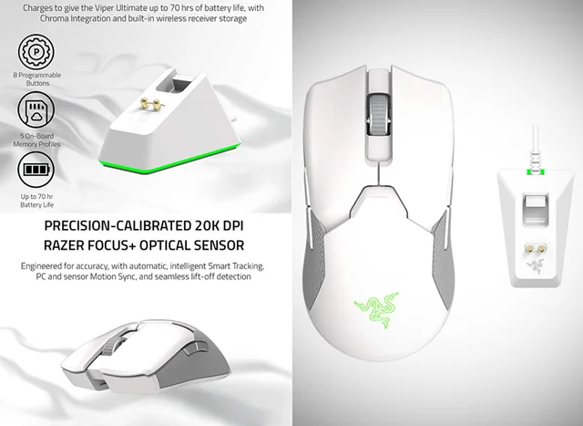 ماوس بی سیم مخصوص بازی ریزر مدل  Viper Ultimate & Mouse Dock Mercury Edition